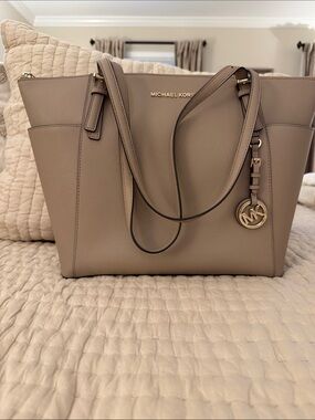 Michael Kors Beige/Taupe Saffiano Leather Tote with Gold Accent